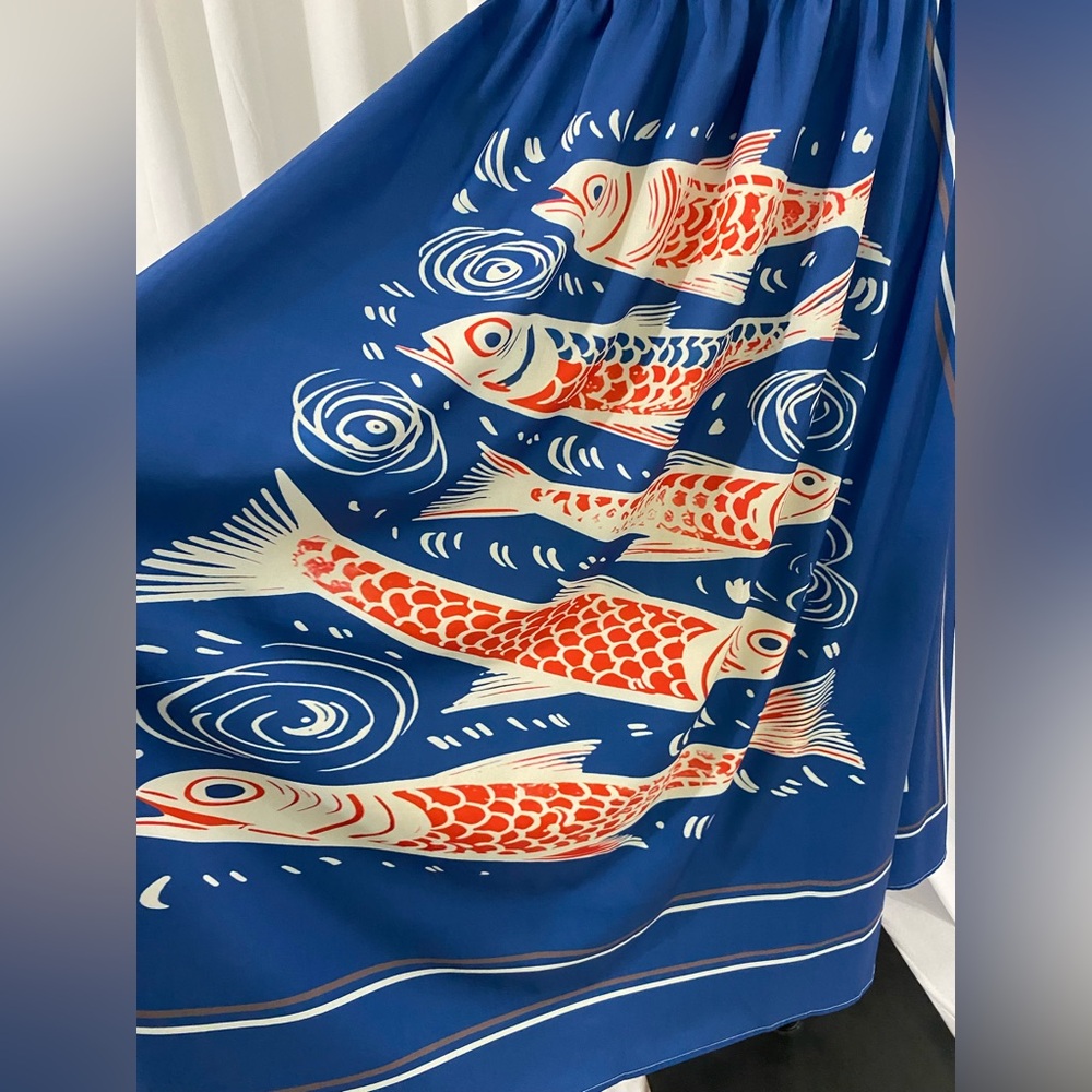 Amazon Blue Sleeveless Maxi Dress with Red & White Koi Print - Picture 2 of 3